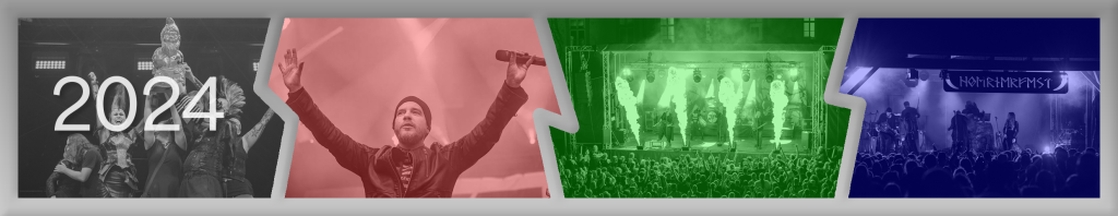 Grey frame showing 4 different concert photos: the first one in black and white, the second in red, the third in green and the fourth one in blue colour