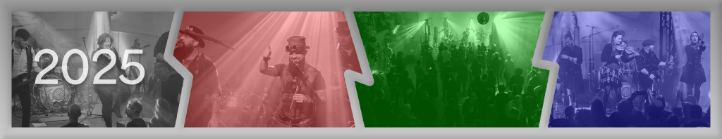 Grey frame showing 4 different concert photos: the first one in black and white, the second in red, the third in green and the fourth one in blue colour