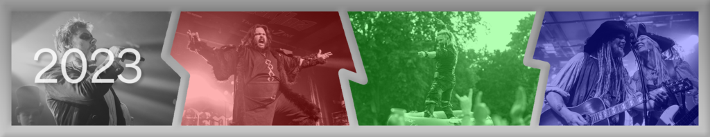 Grey frame showing 4 different concert photos: the first one in black and white, the second in red, the third in green and the fourth one in blue colour