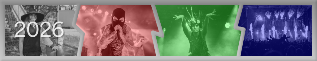Grey frame showing 4 different concert photos: the first one in black and white, the second in red, the third in green and the fourth one in blue colour